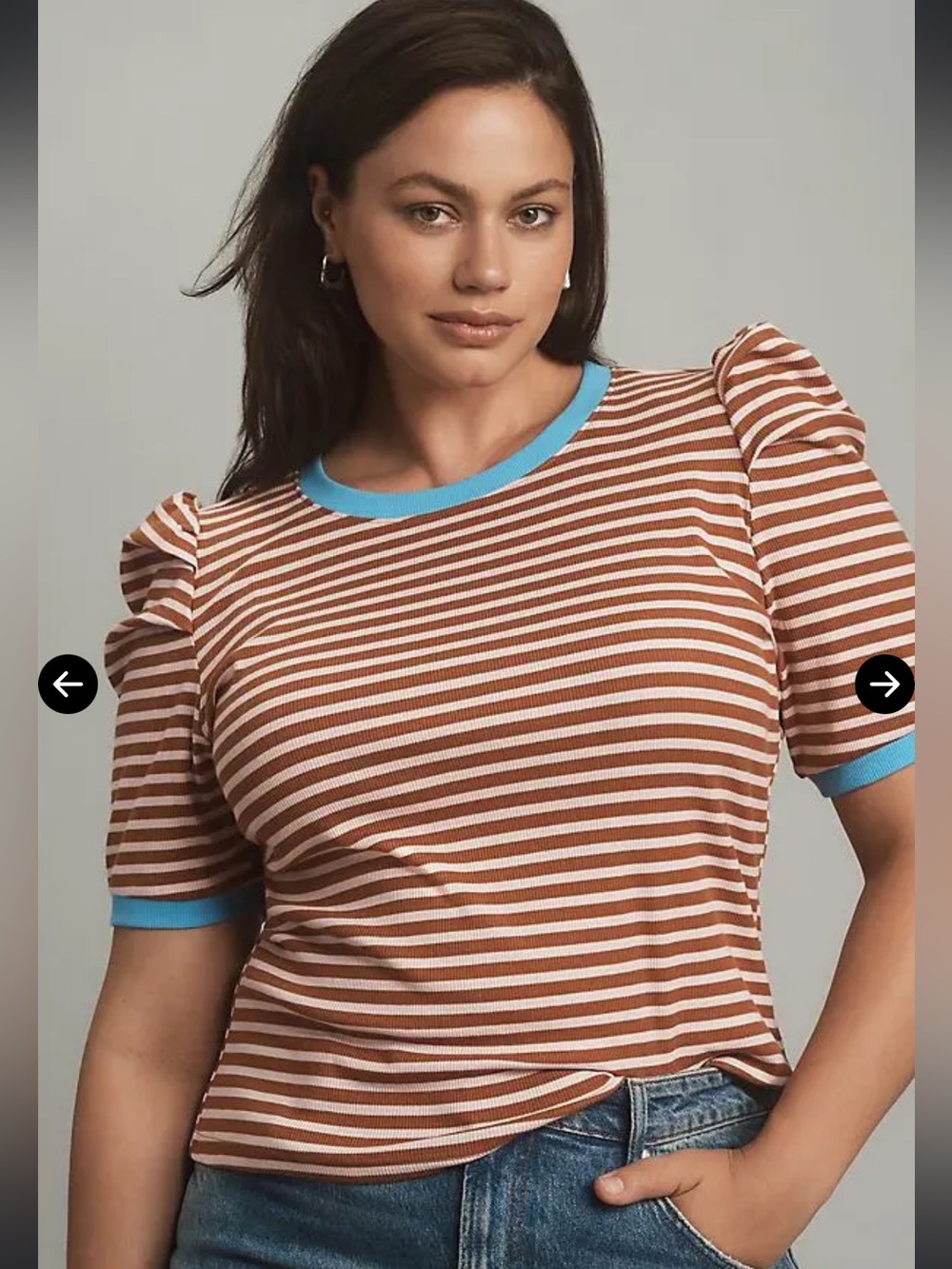Anthropologie Striped Puff-Sleeve Tee with Blue Trim